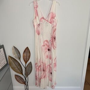 Paper Heart Pink Floral Linen Blend V-Neck Maxi Dress White Cottagecore Garden L